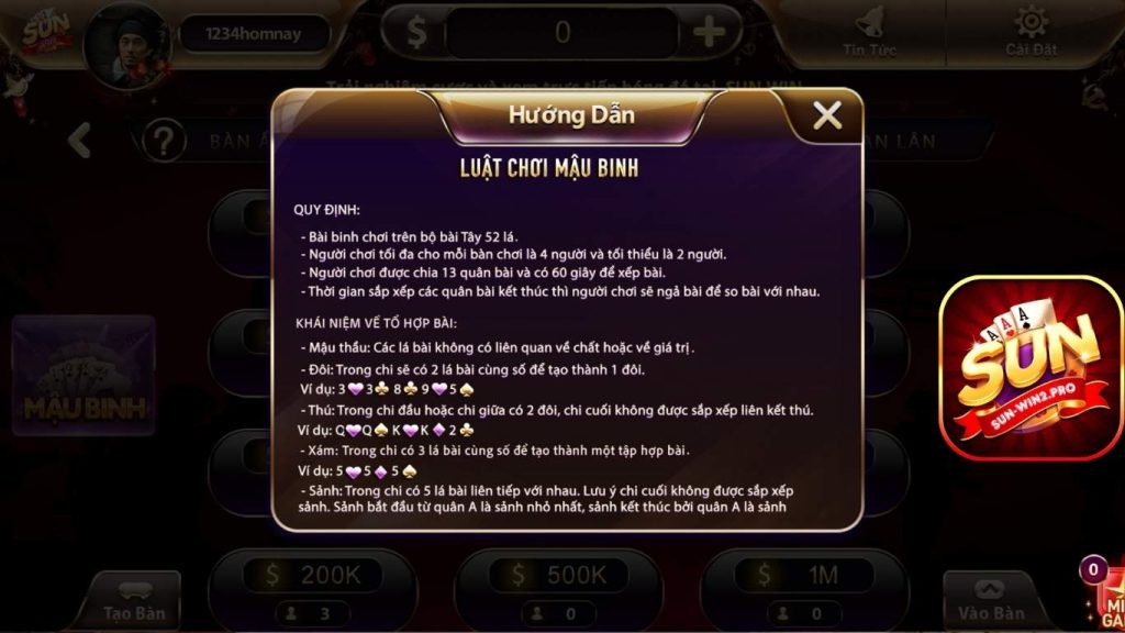 Luật chơi Mậu Binh Sunwin